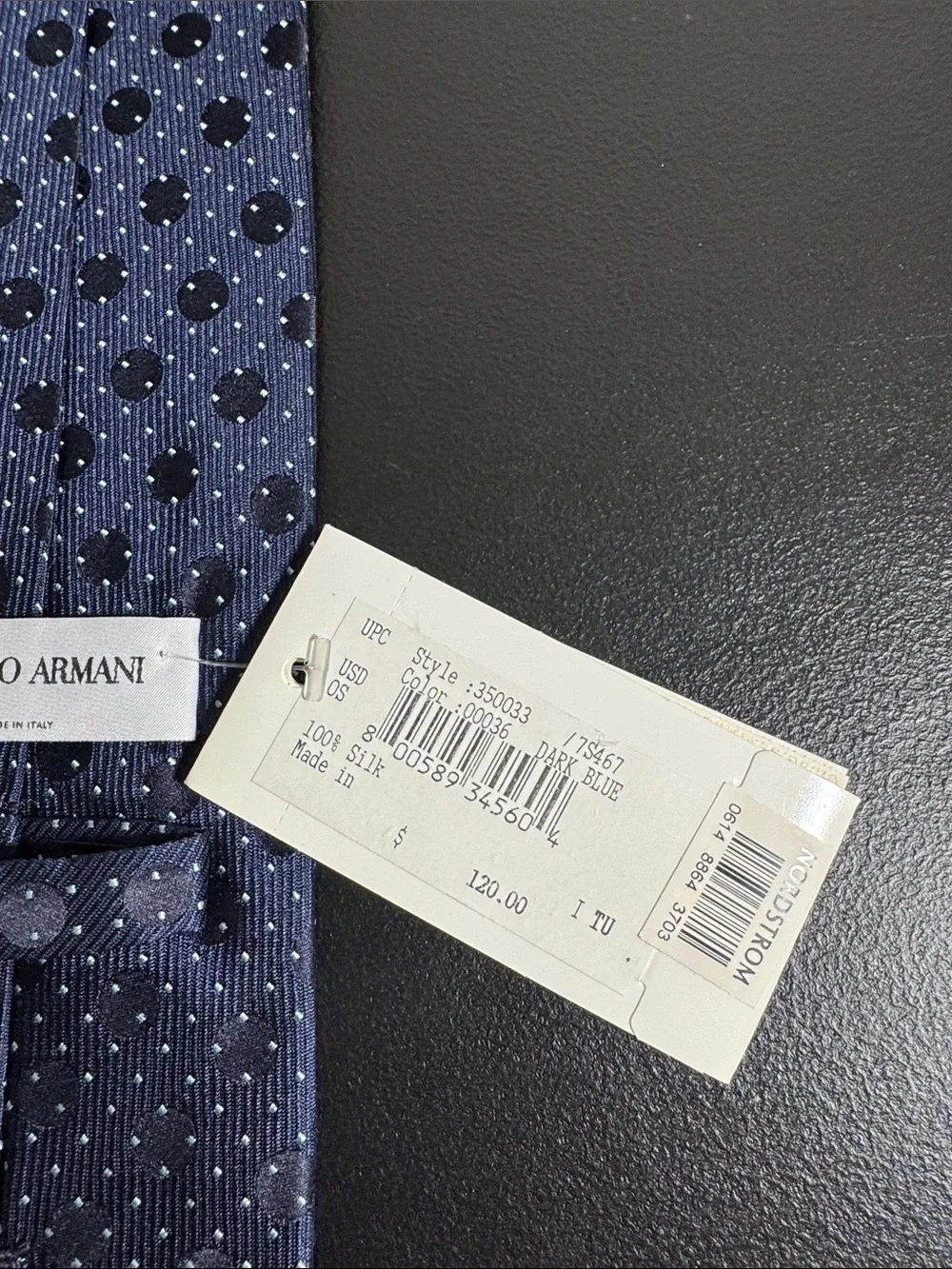 NEW Giorgio Armani mens dark blue polka dot pattern 100% silk neck tie NWT
